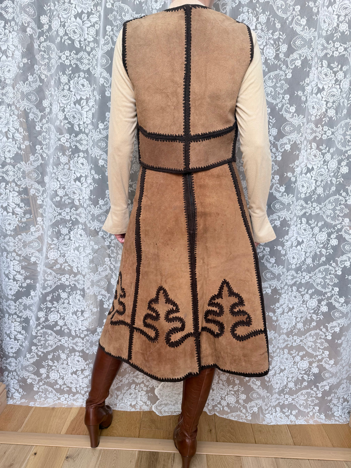 Vintage 1970s Handmade Suede & Crochet Americana Two Piece