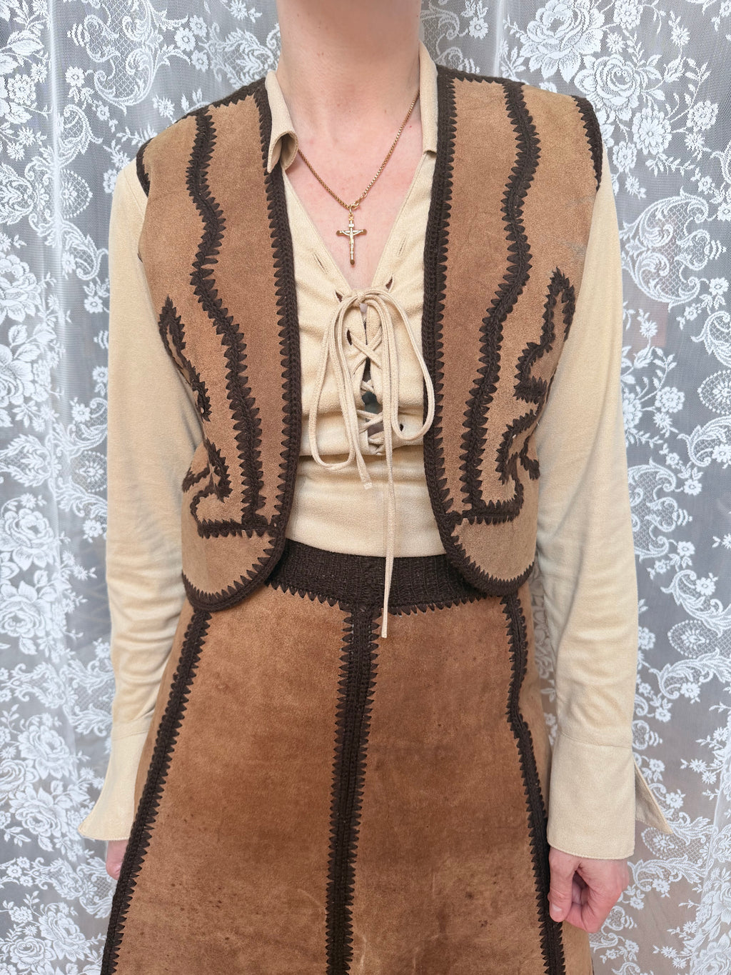 Vintage 1970s Handmade Suede & Crochet Americana Two Piece