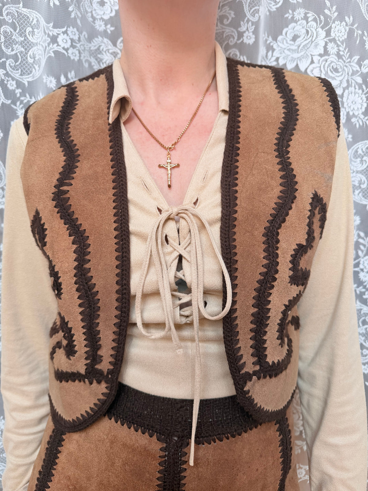 Vintage 1970s Handmade Suede & Crochet Americana Two Piece