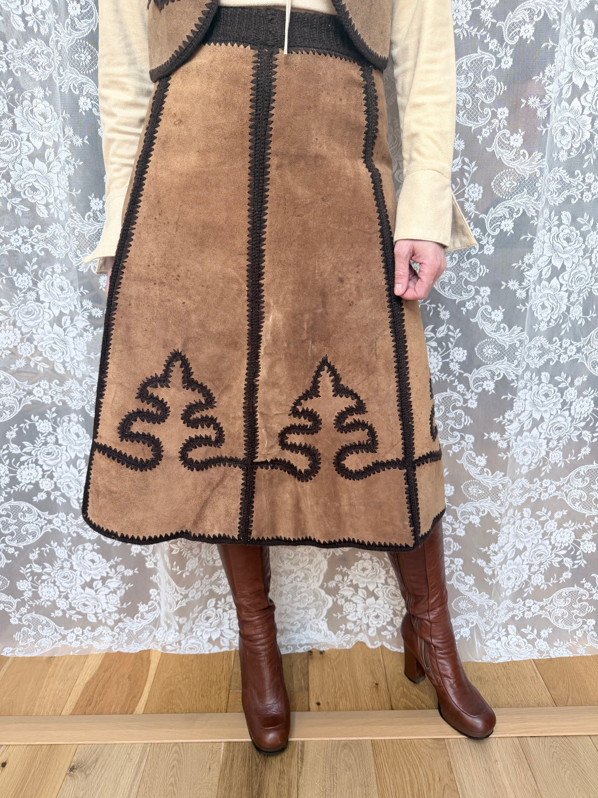 Vintage 1970s Handmade Suede & Crochet Americana Two Piece