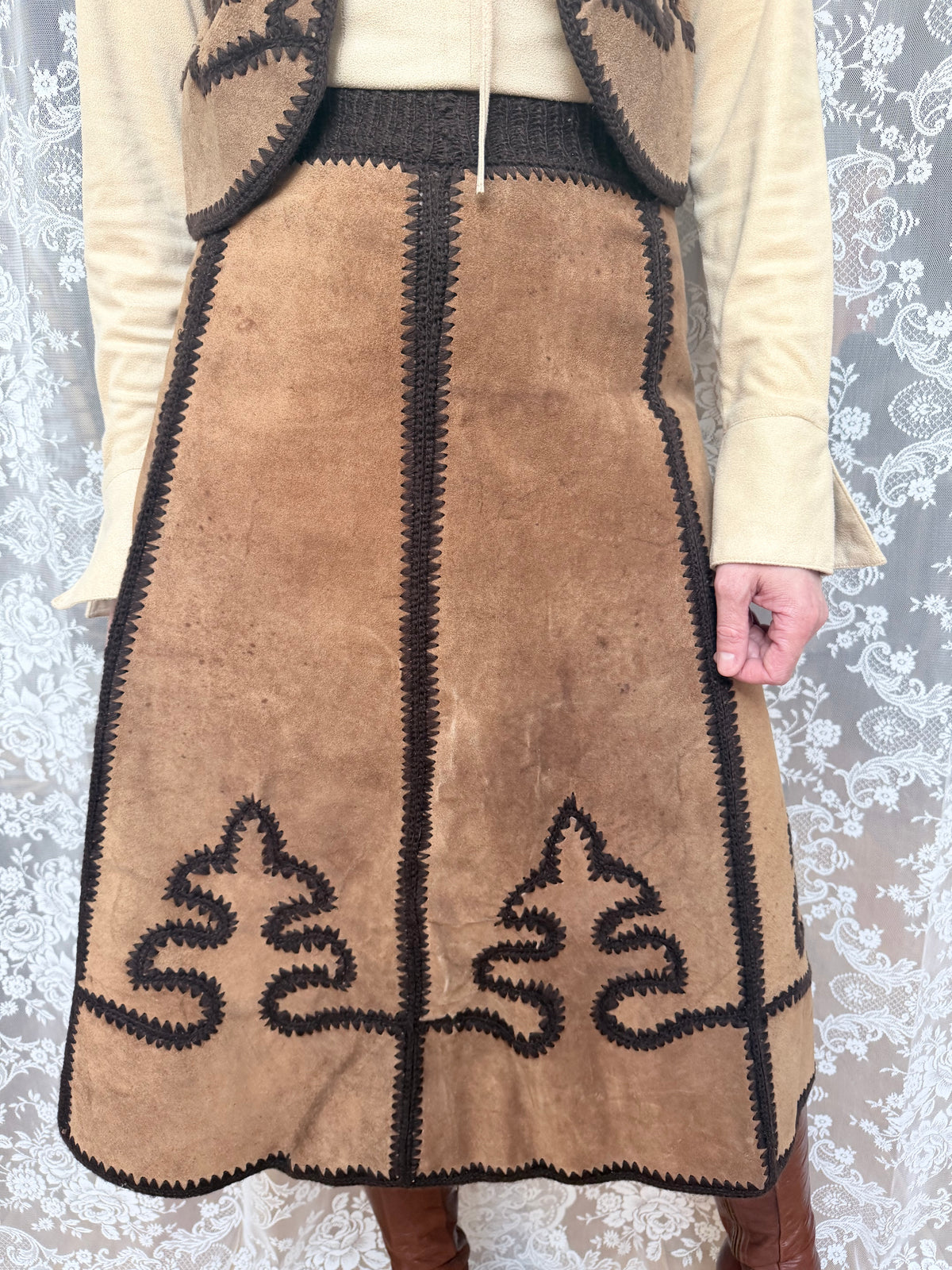 Vintage 1970s Handmade Suede & Crochet Americana Two Piece