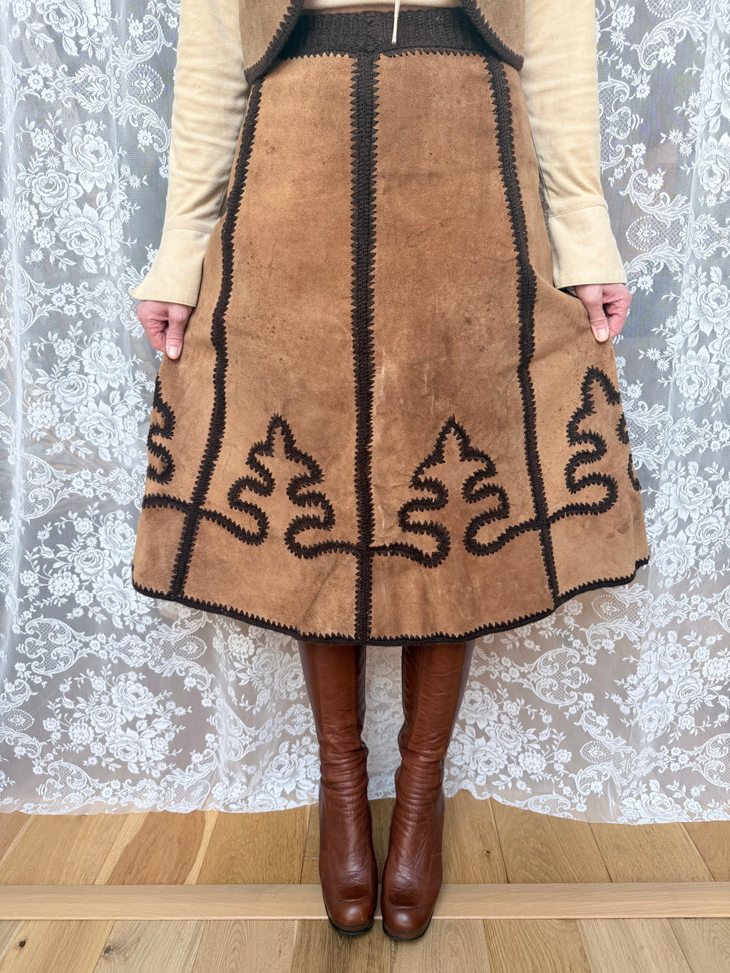 Vintage 1970s Handmade Suede & Crochet Americana Two Piece