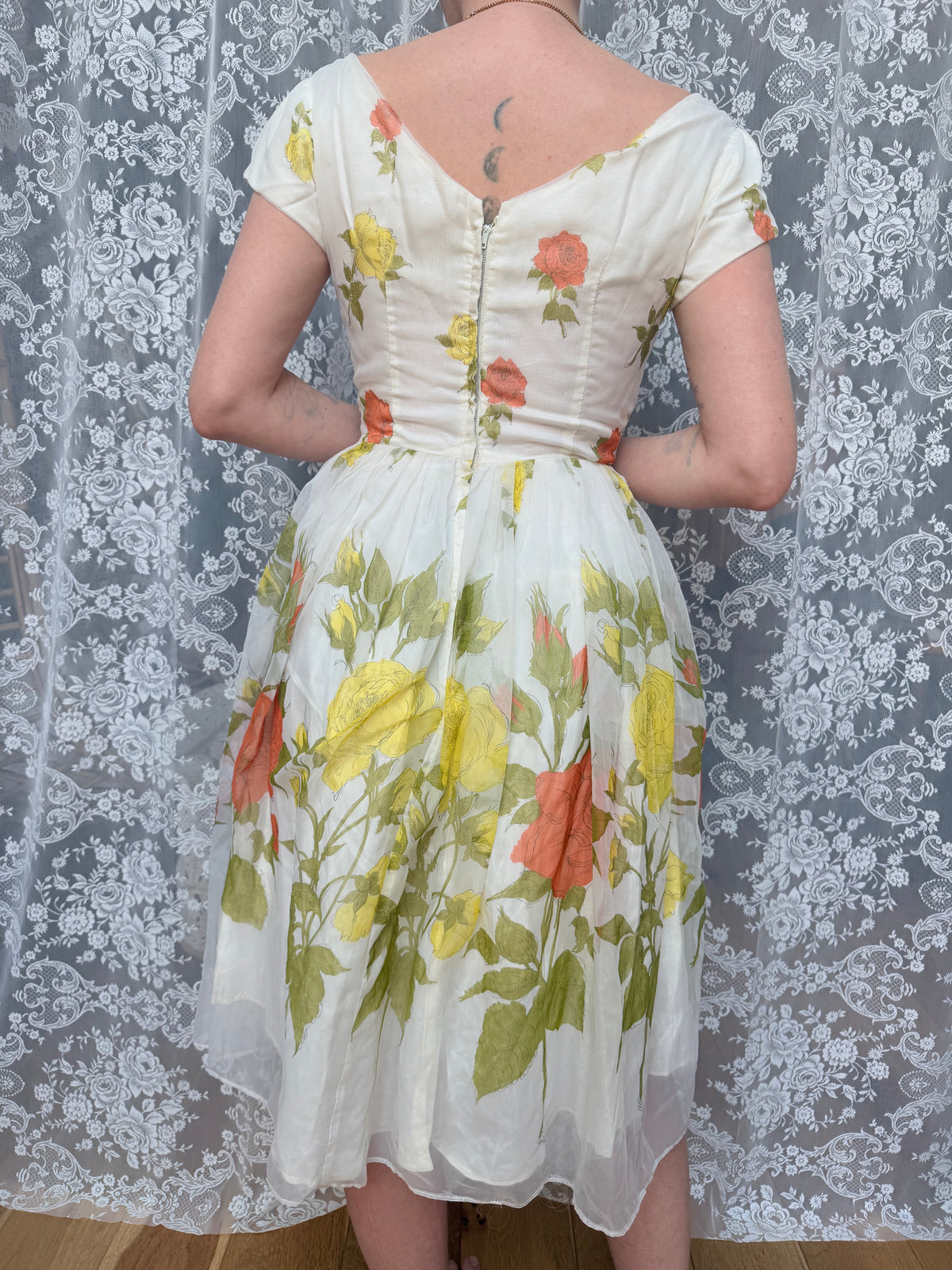 Vintage 1950s Floral Roses Summer Midi Dress