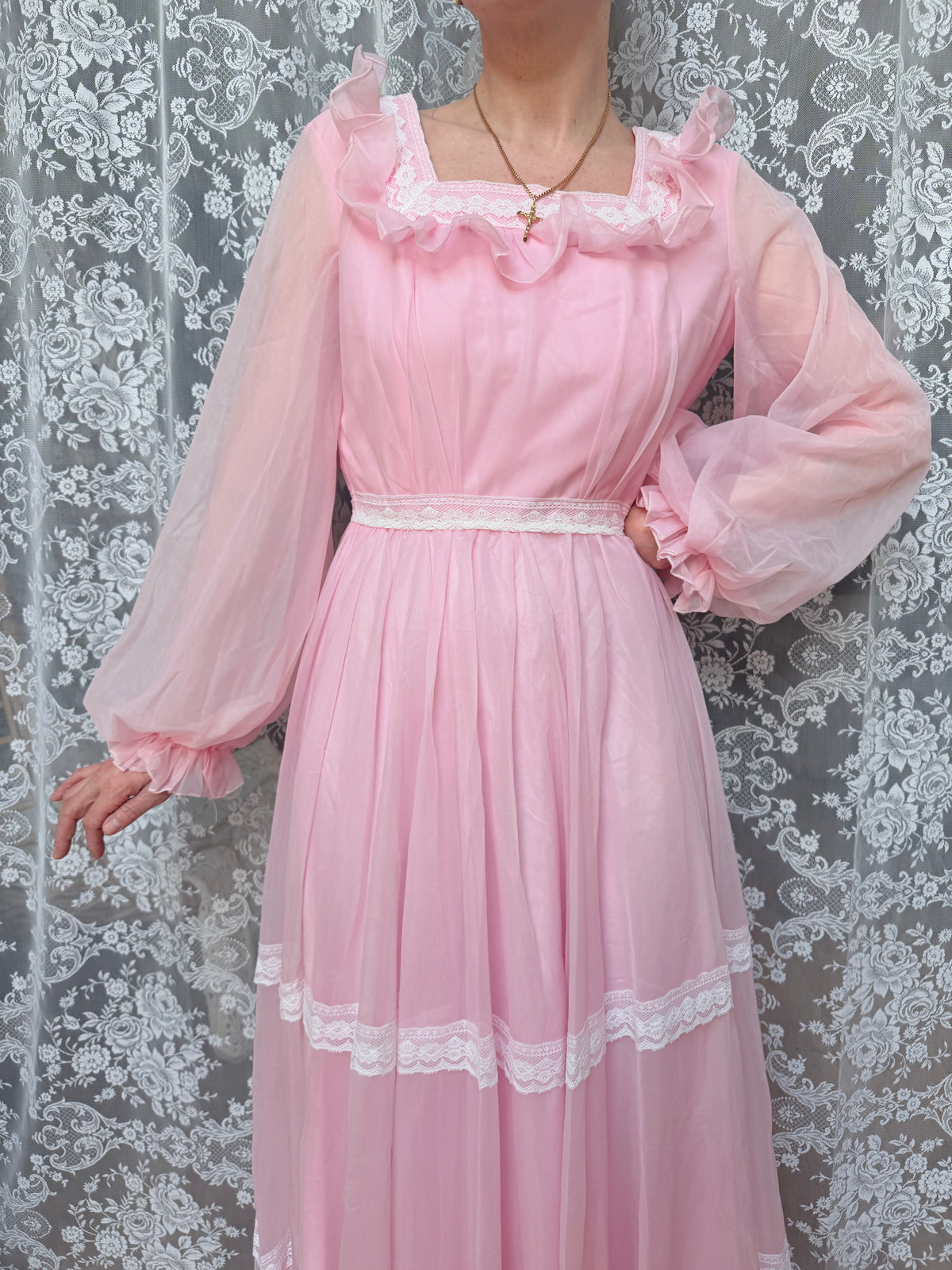 Vintage 1970s Prairie Baby Doll Dress in Pink