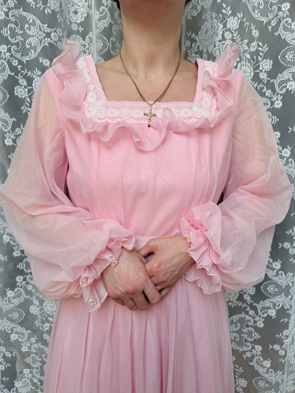 Vintage 1970s Prairie Baby Doll Dress in Pink
