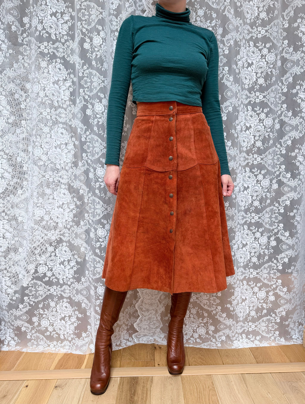 Vintage 1970s Burnt Orange Suede Midi Skirt