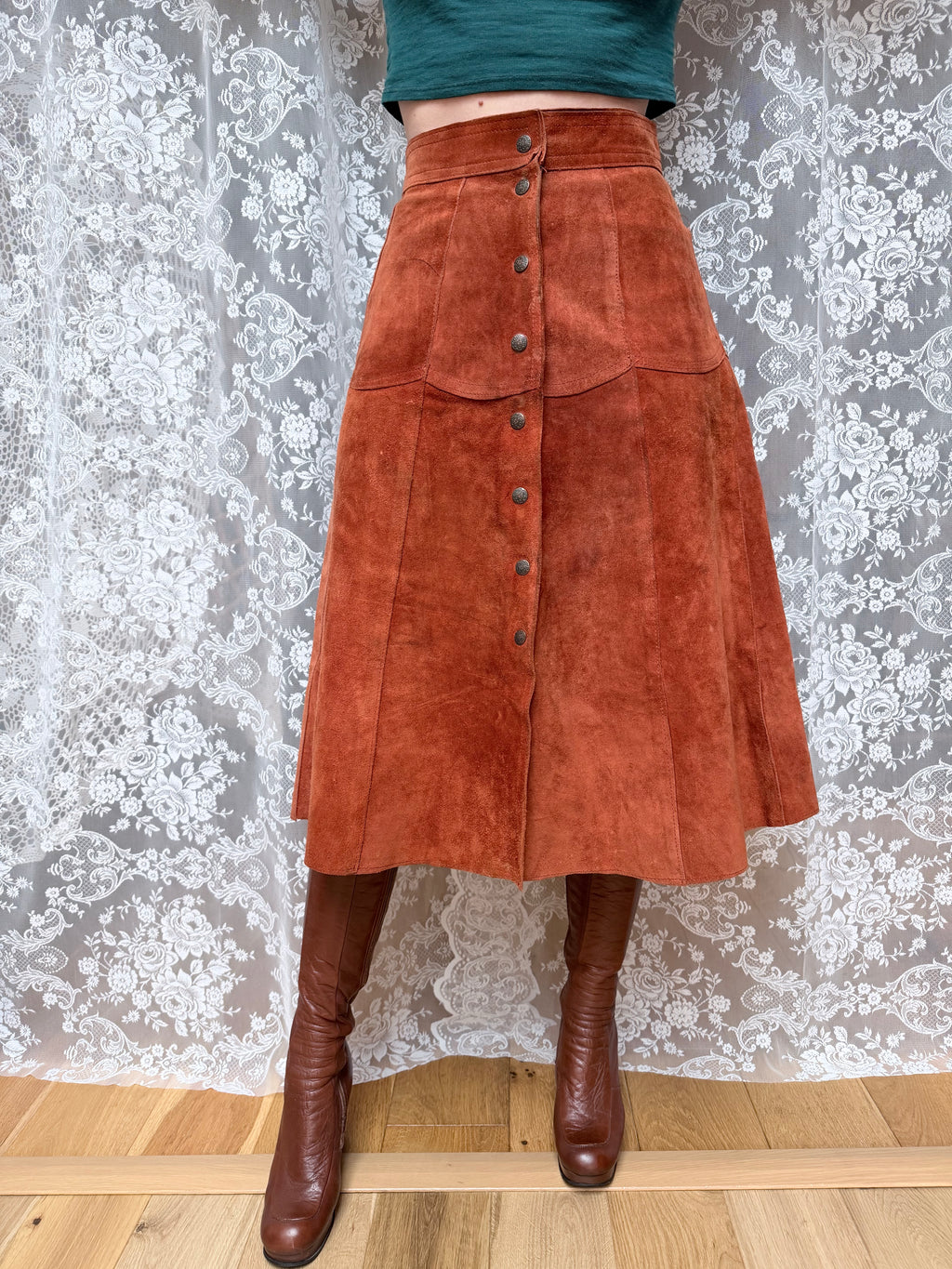 Vintage 1970s Burnt Orange Suede Midi Skirt
