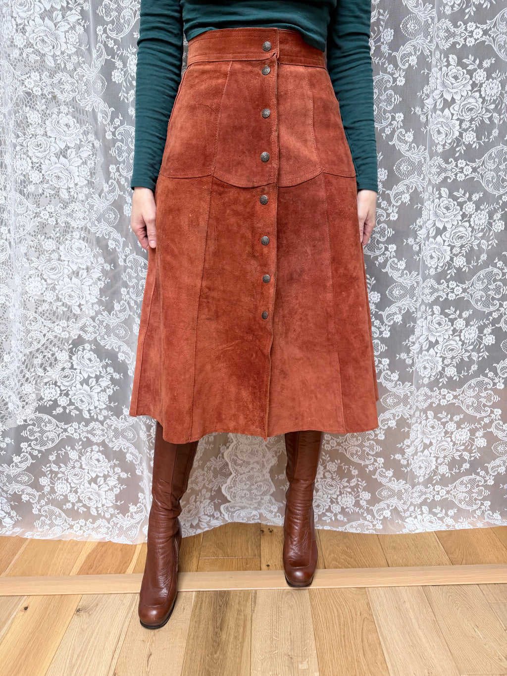 Vintage 1970s Burnt Orange Suede Midi Skirt