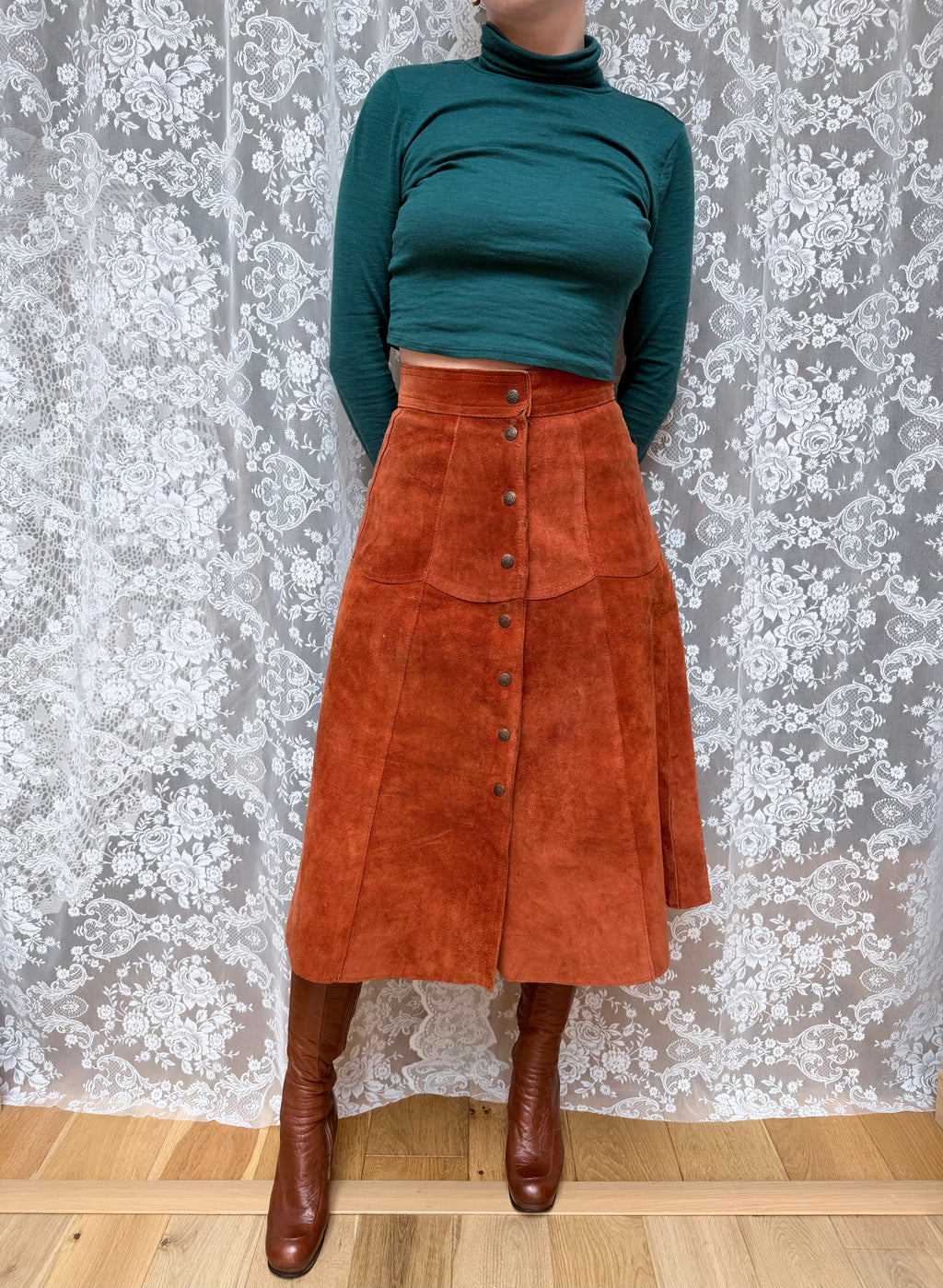 Vintage 1970s Burnt Orange Suede Midi Skirt