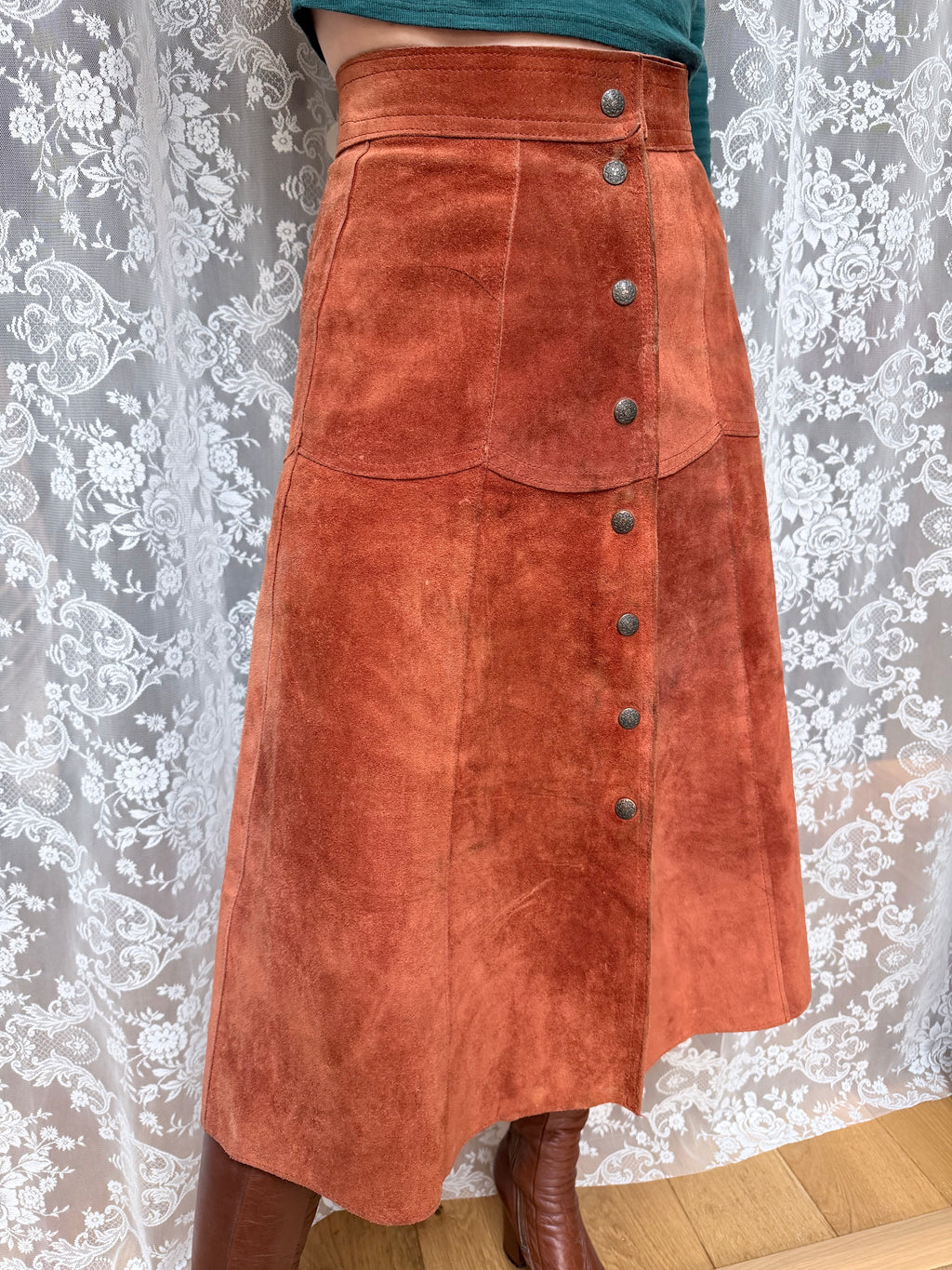 Vintage 1970s Burnt Orange Suede Midi Skirt