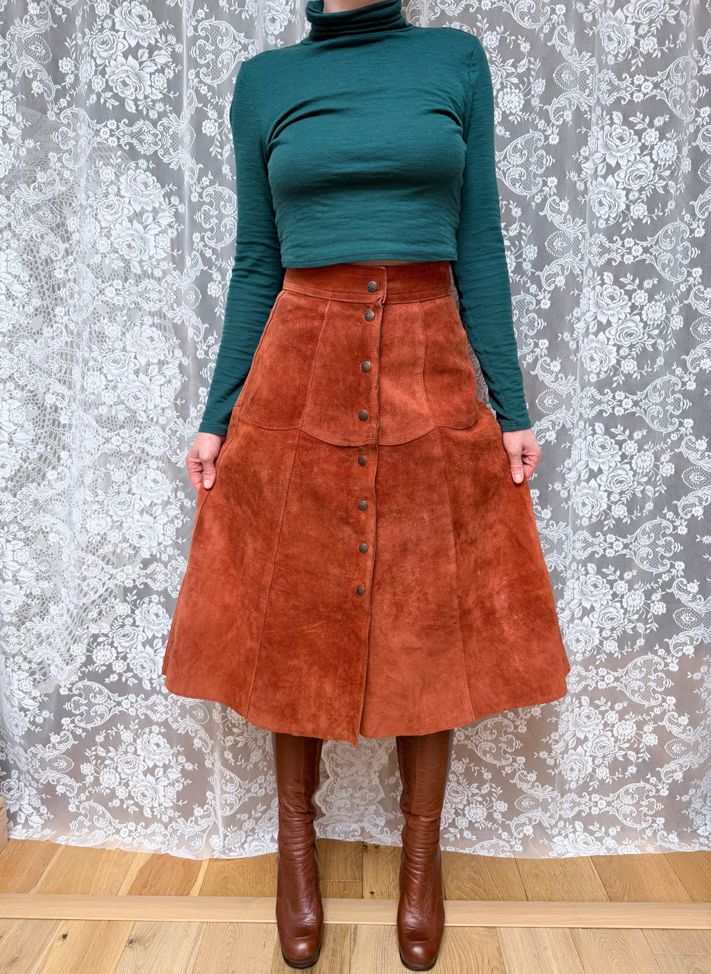 Vintage 1970s Burnt Orange Suede Midi Skirt
