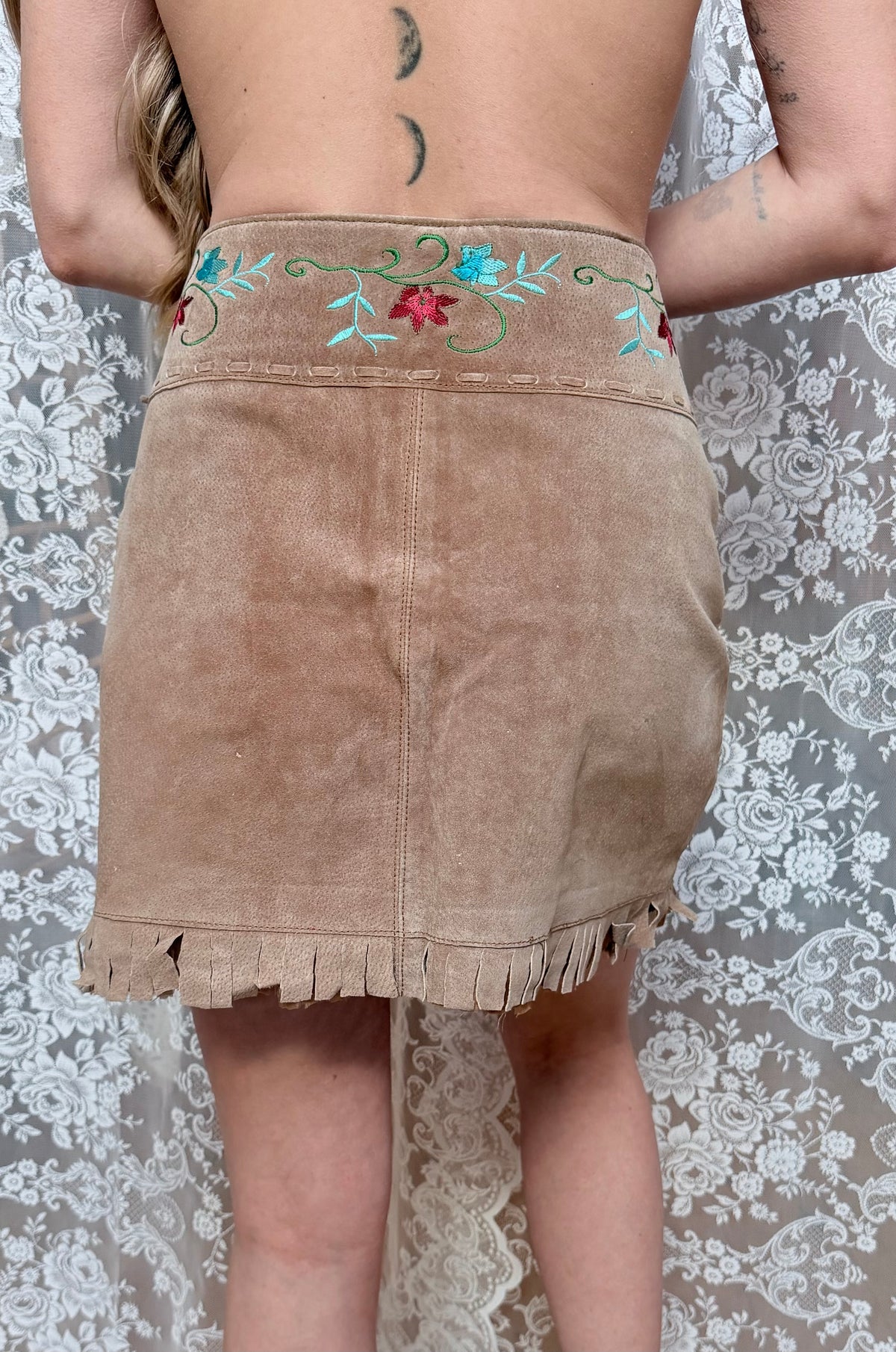Savannah: Vintage 1990s Y2K Floral Embroidered Suede Skirt