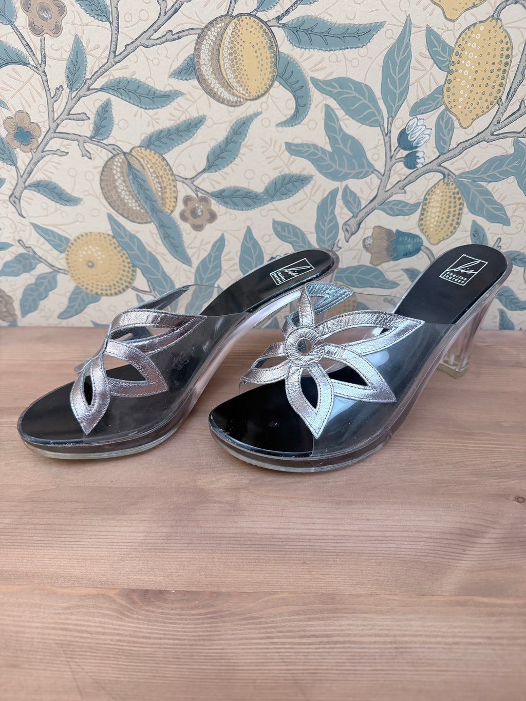 Vintage Couture Charles Jourdan Silver Flower Block Heel Shoes