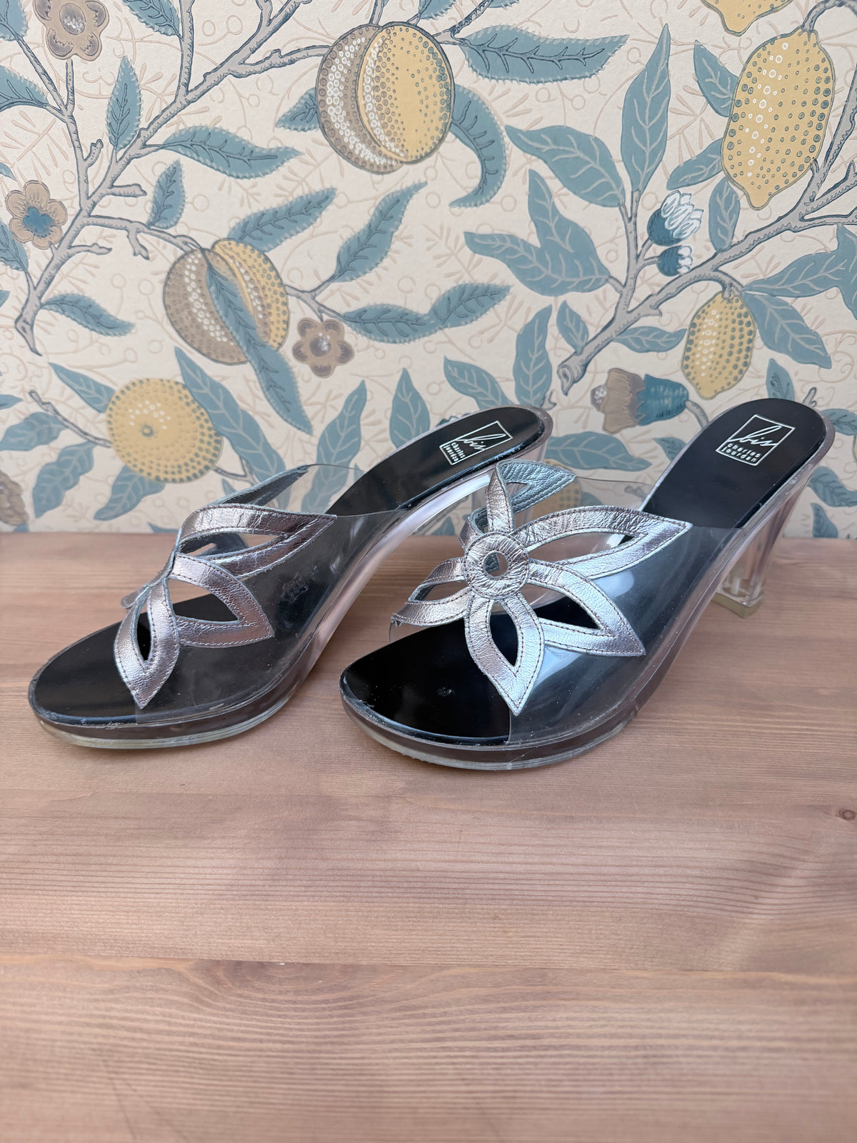Vintage Couture Charles Jourdan Silver Flower Block Heel Shoes