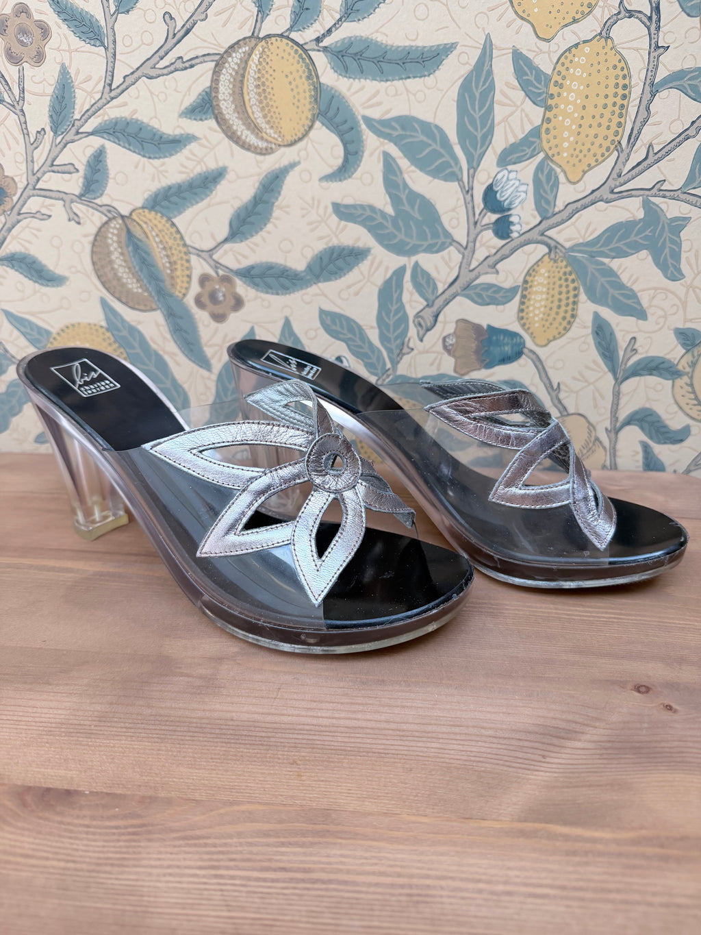 Vintage Couture Charles Jourdan Silver Flower Block Heel Shoes