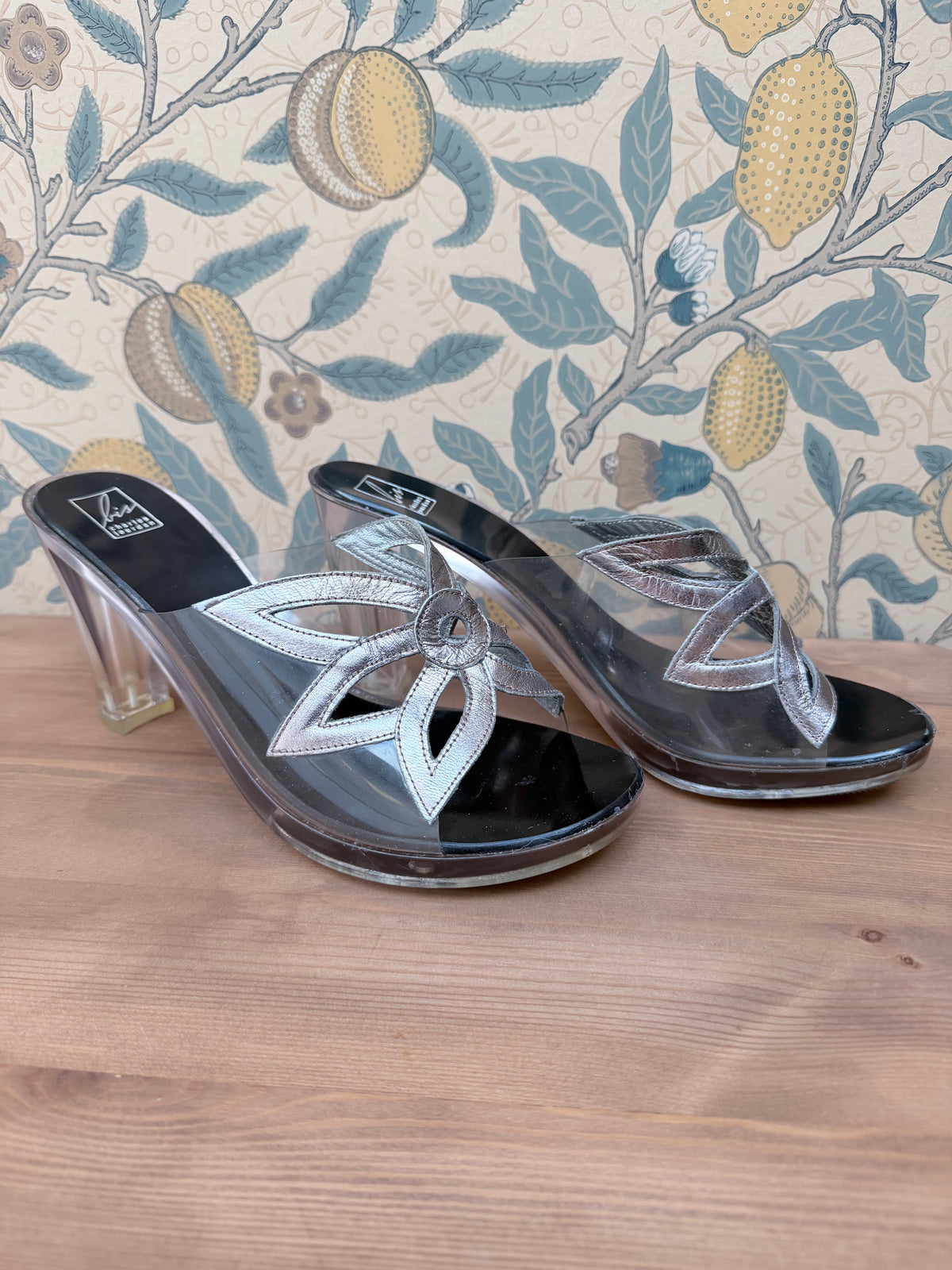 Vintage Couture Charles Jourdan Silver Flower Block Heel Shoes