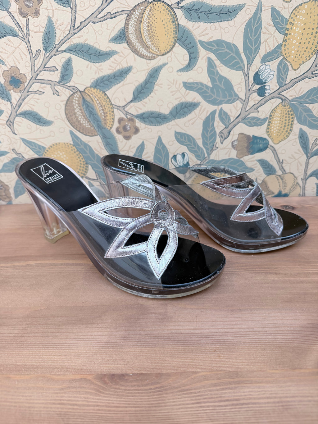 Vintage Couture Charles Jourdan Silver Flower Block Heel Shoes