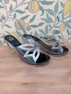 Vintage Couture Charles Jourdan Silver Flower Block Heel Shoes