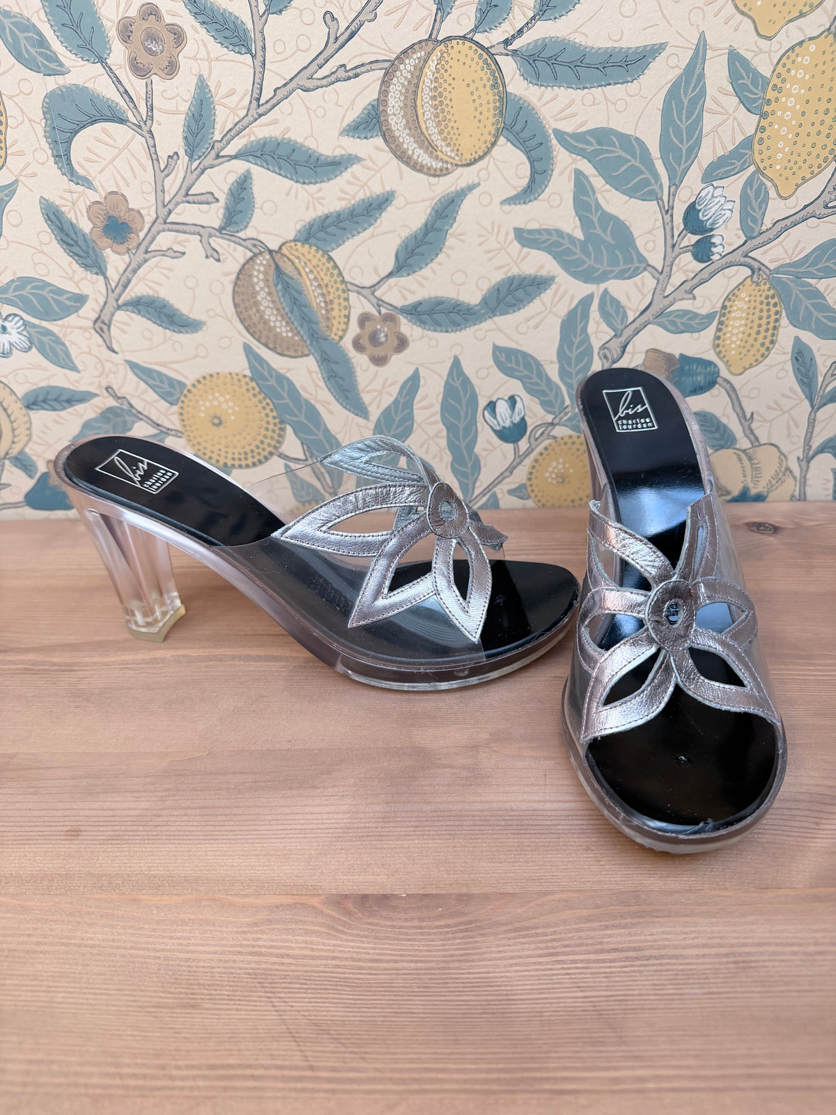 Vintage Couture Charles Jourdan Silver Flower Block Heel Shoes
