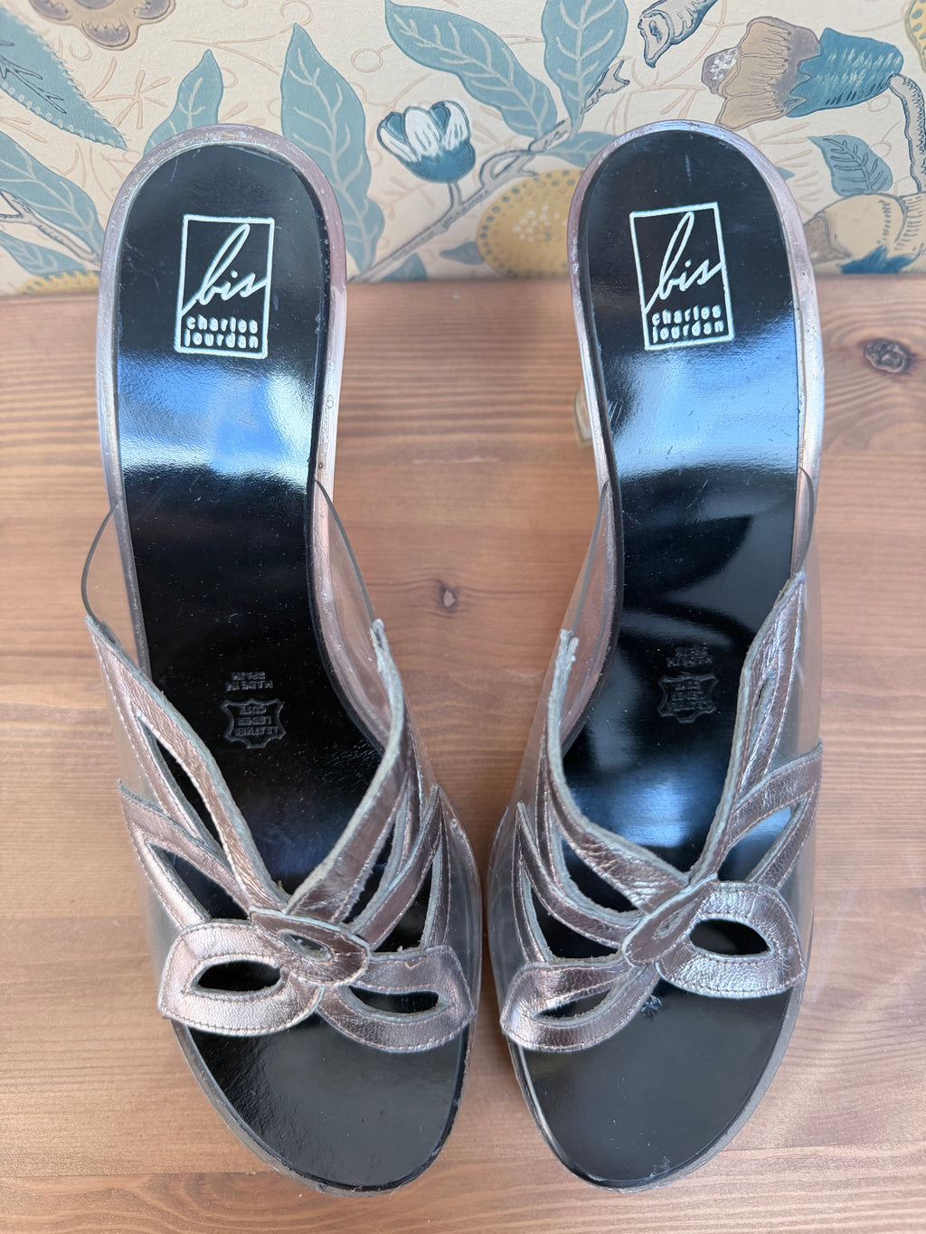 Vintage Couture Charles Jourdan Silver Flower Block Heel Shoes