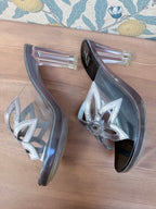 Vintage Couture Charles Jourdan Silver Flower Block Heel Shoes