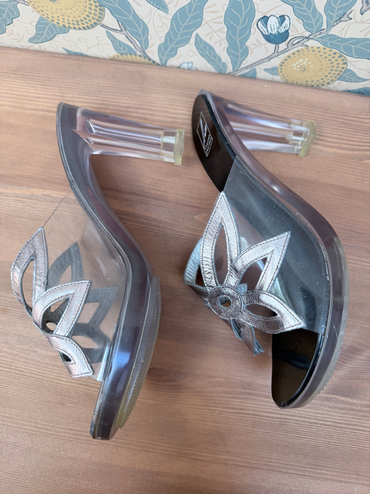 Vintage Couture Charles Jourdan Silver Flower Block Heel Shoes