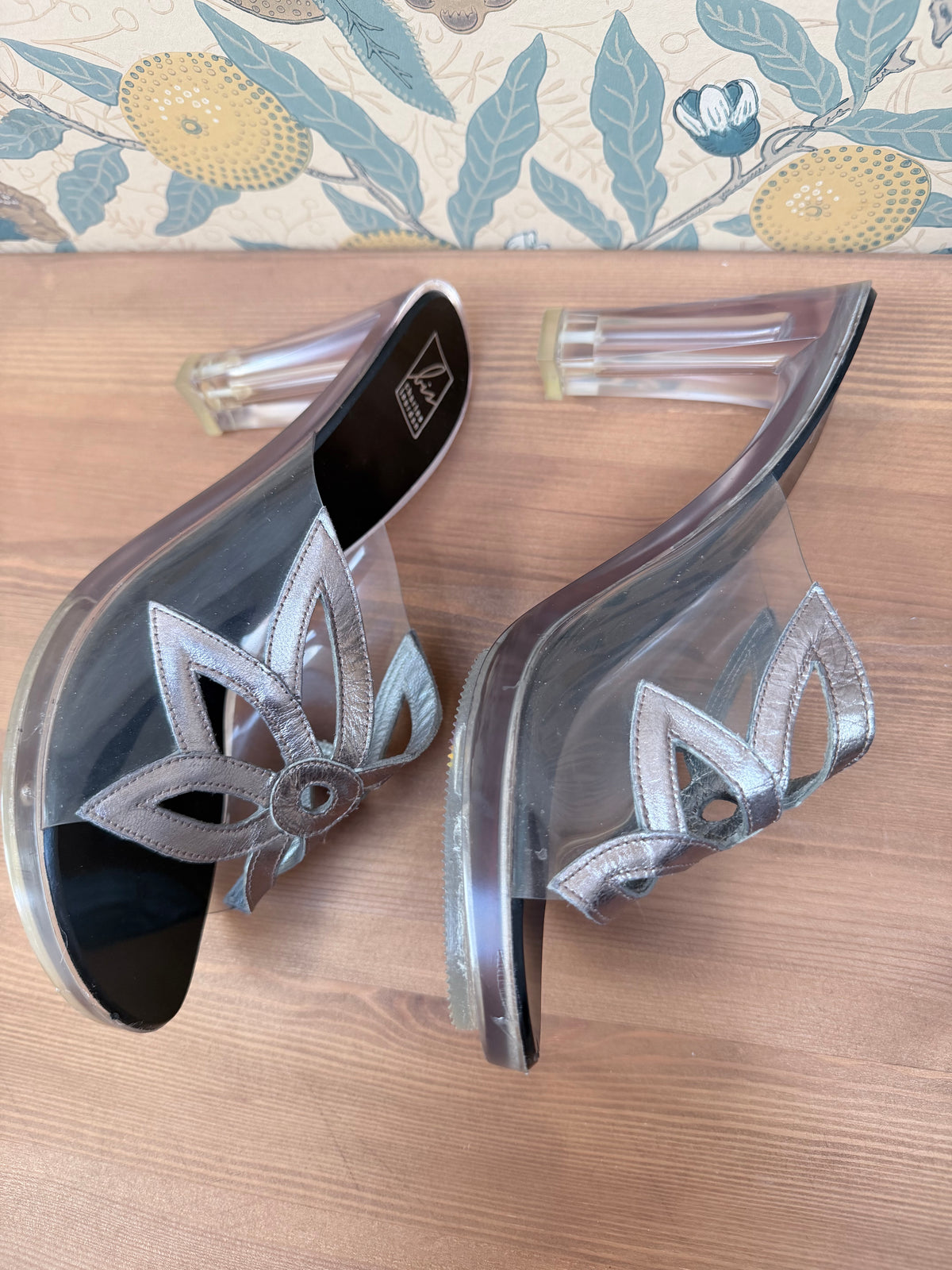 Vintage Couture Charles Jourdan Silver Flower Block Heel Shoes