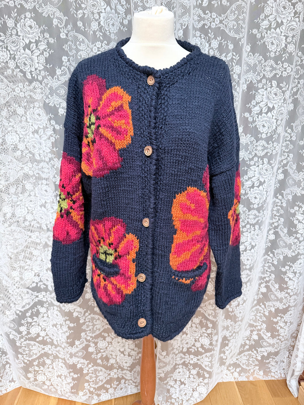 Vintage 1990s Amano Poppy Hand-Knitted Wool Cardigan