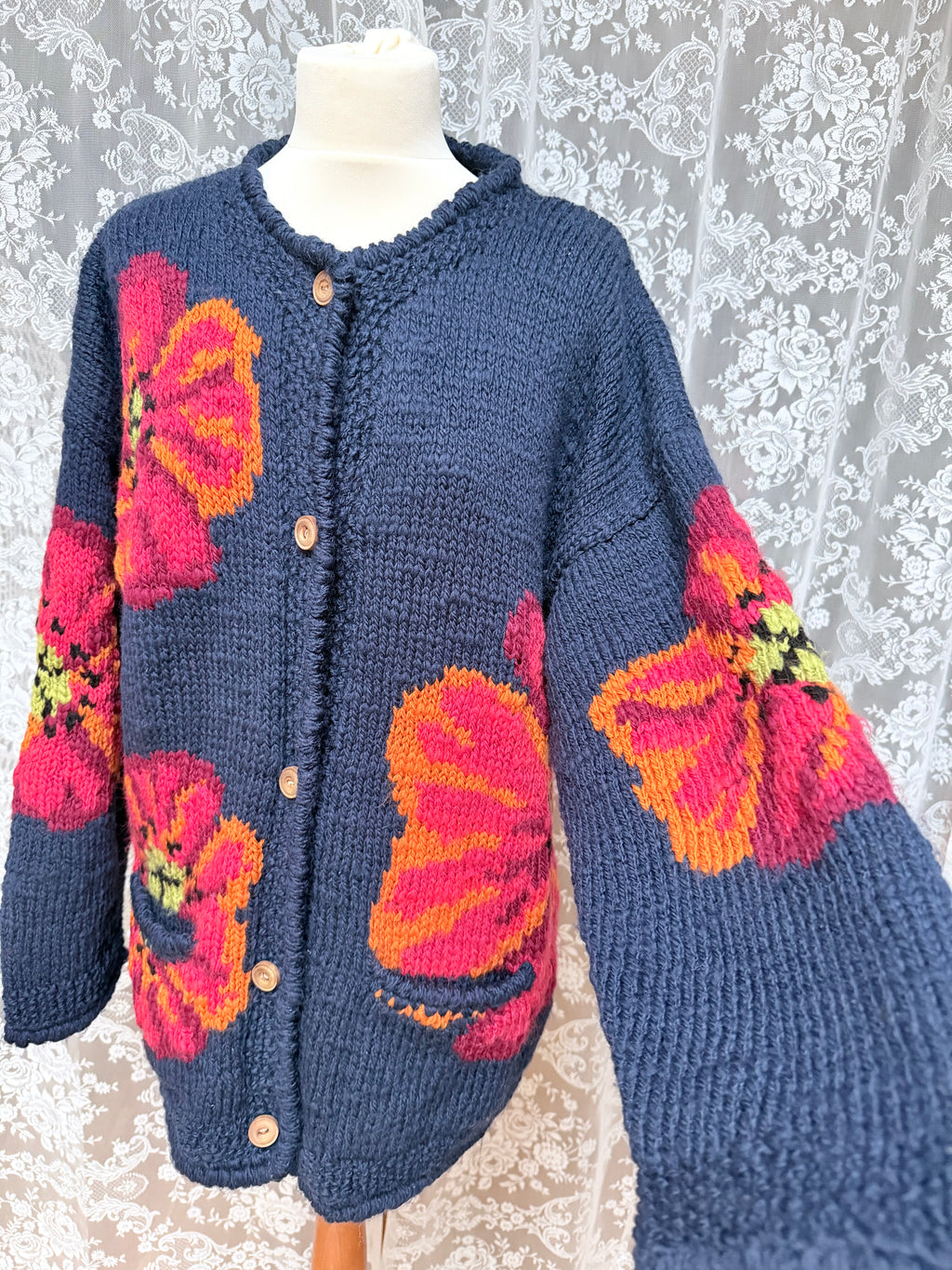 Vintage 1990s Amano Poppy Hand-Knitted Wool Cardigan