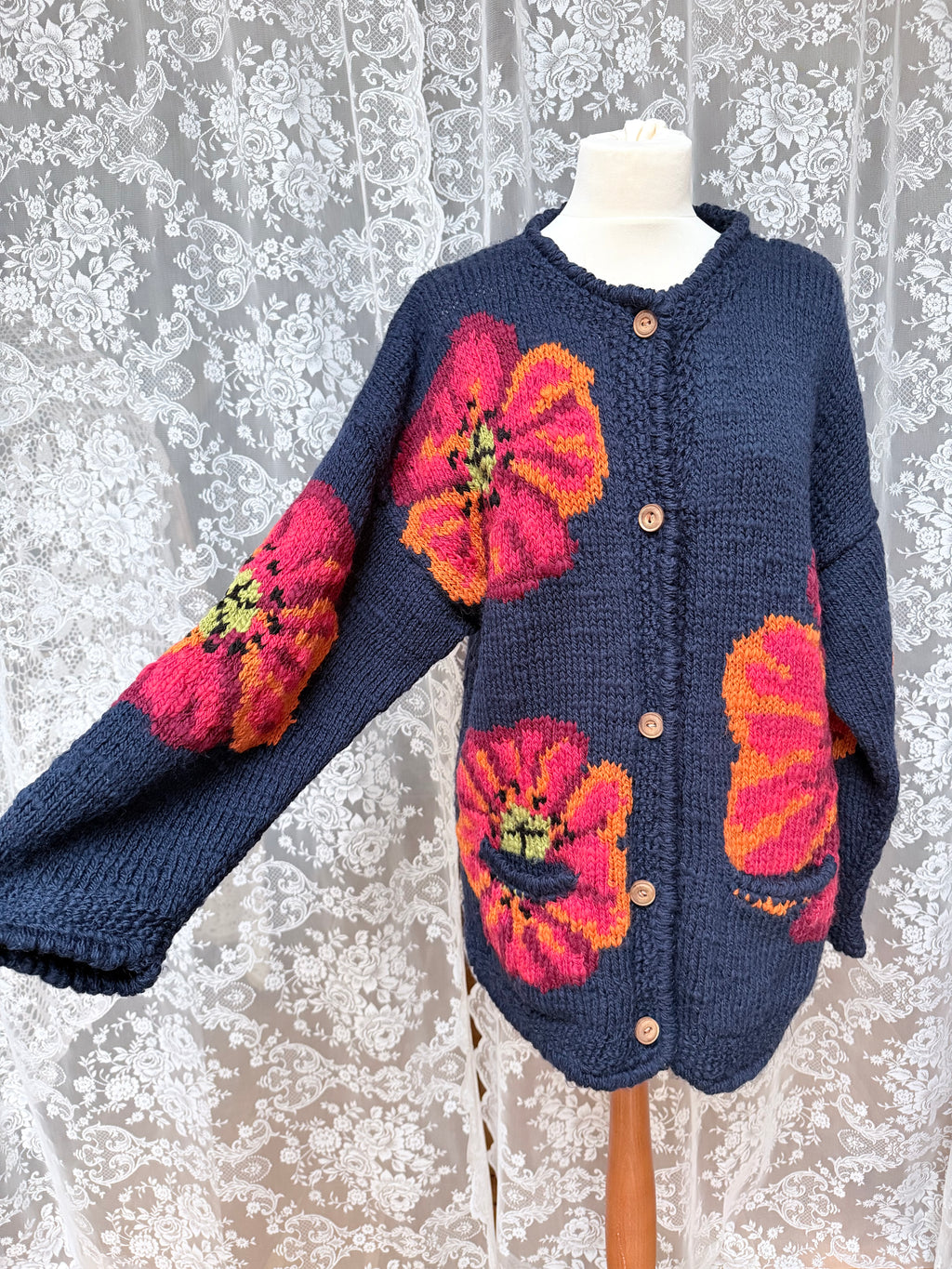 Vintage 1990s Amano Poppy Hand-Knitted Wool Cardigan