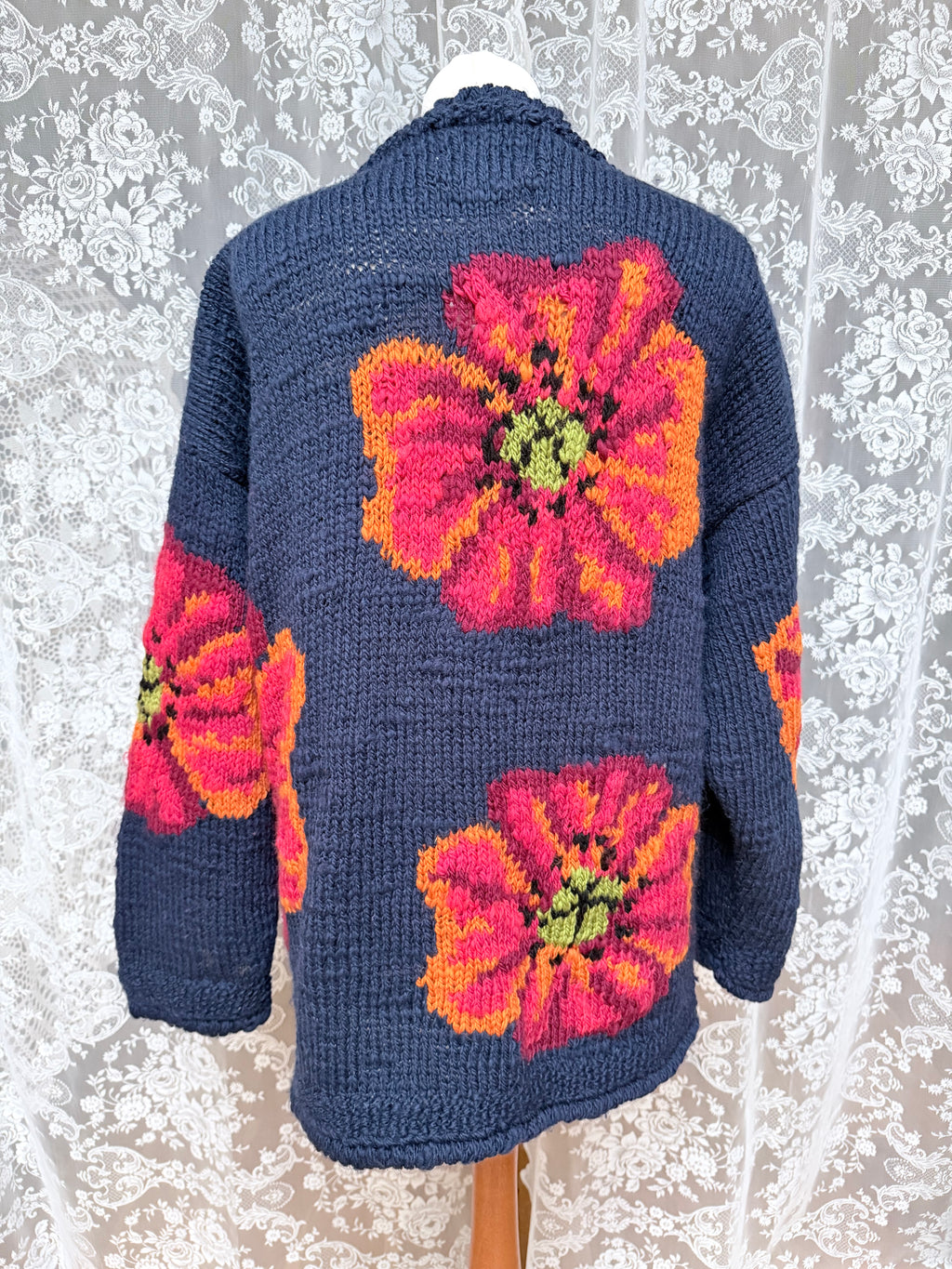 Vintage 1990s Amano Poppy Hand-Knitted Wool Cardigan