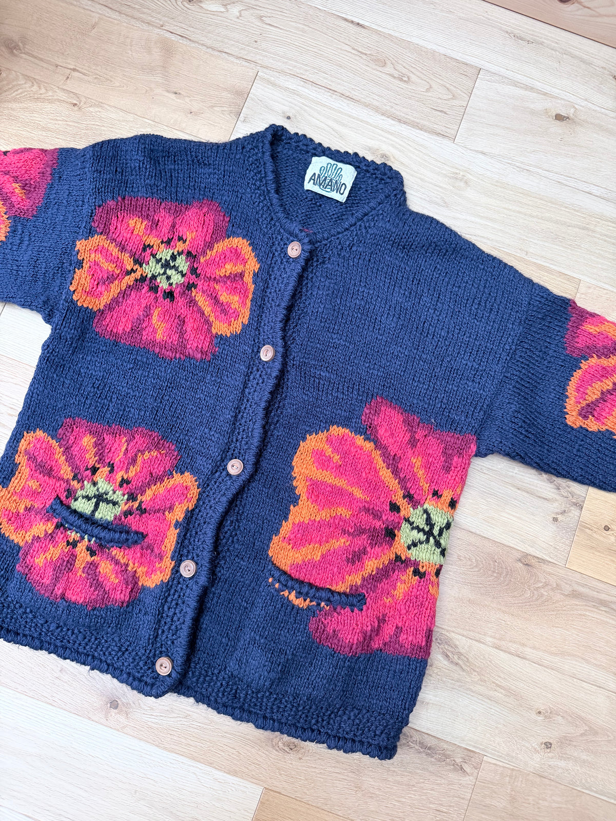 Vintage 1990s Amano Poppy Hand-Knitted Wool Cardigan