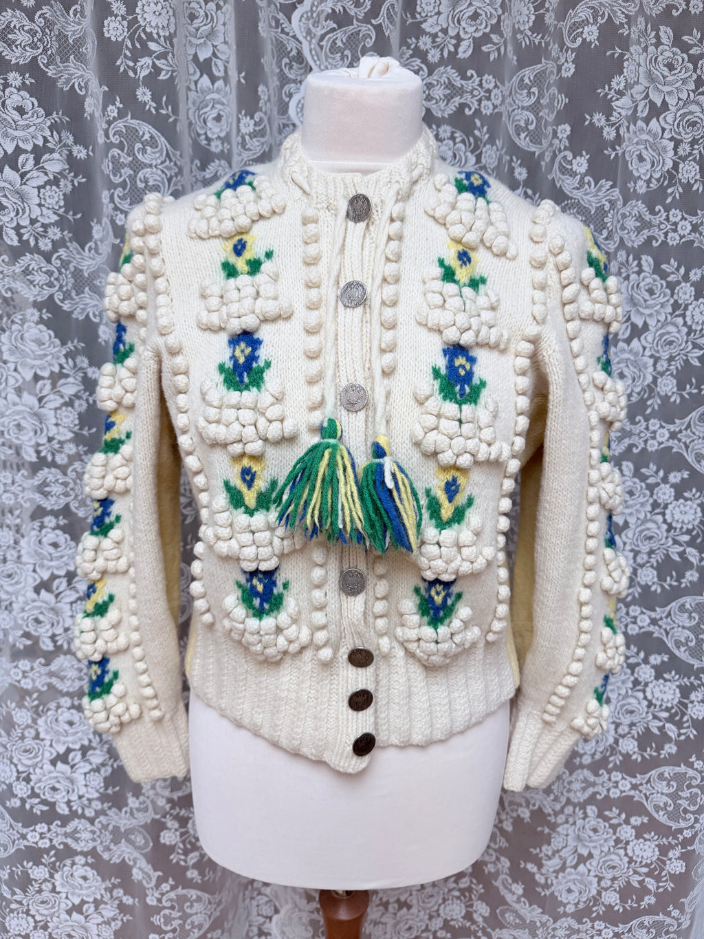 Vintage Austrian Floral Wool Cardigan with Antique Coin Buttons