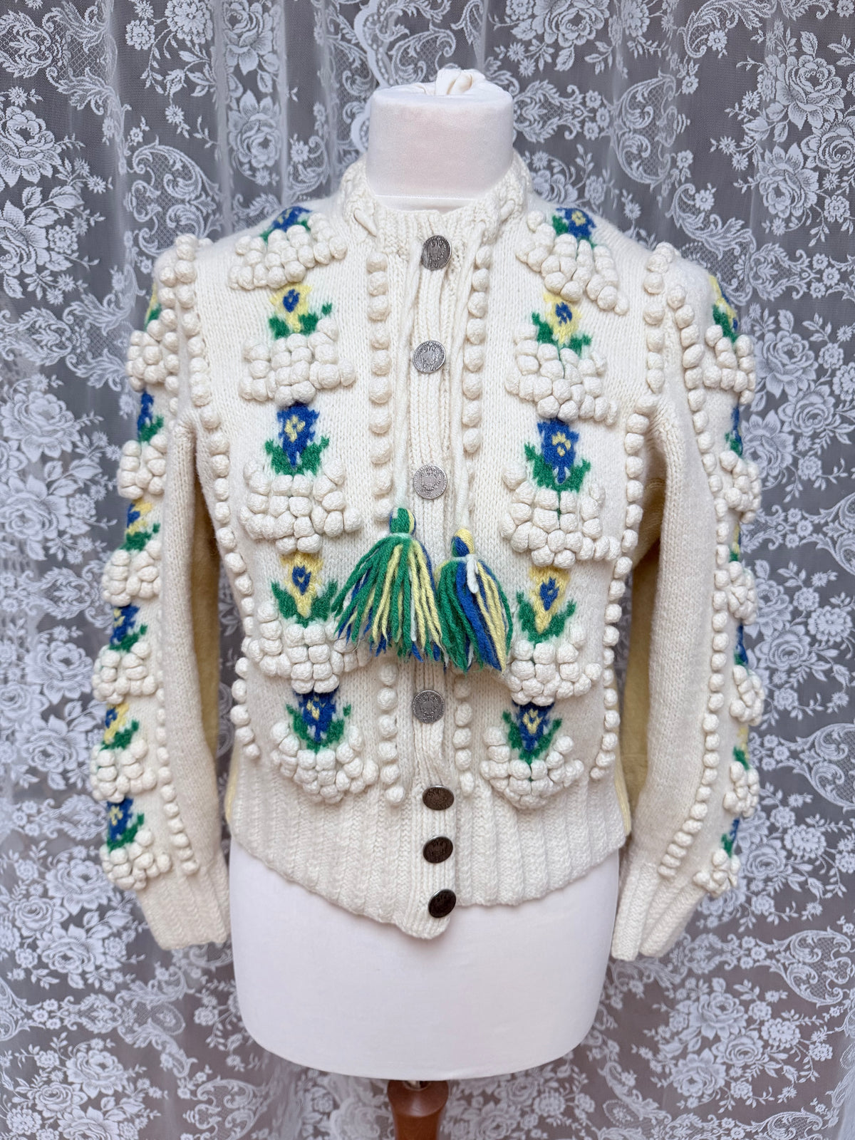 Vintage Austrian Floral Wool Cardigan with Antique Coin Buttons