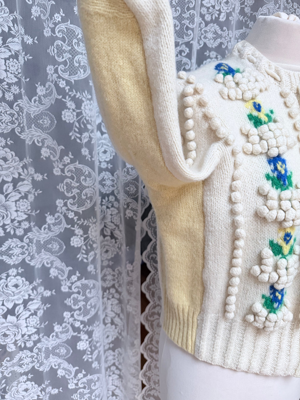 Vintage Austrian Floral Wool Cardigan with Antique Coin Buttons