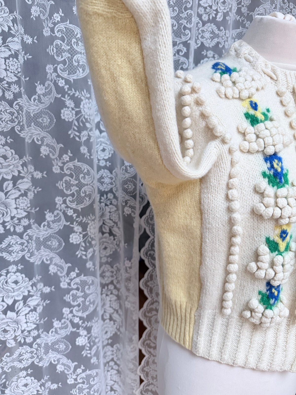 Vintage Austrian Floral Wool Cardigan with Antique Coin Buttons