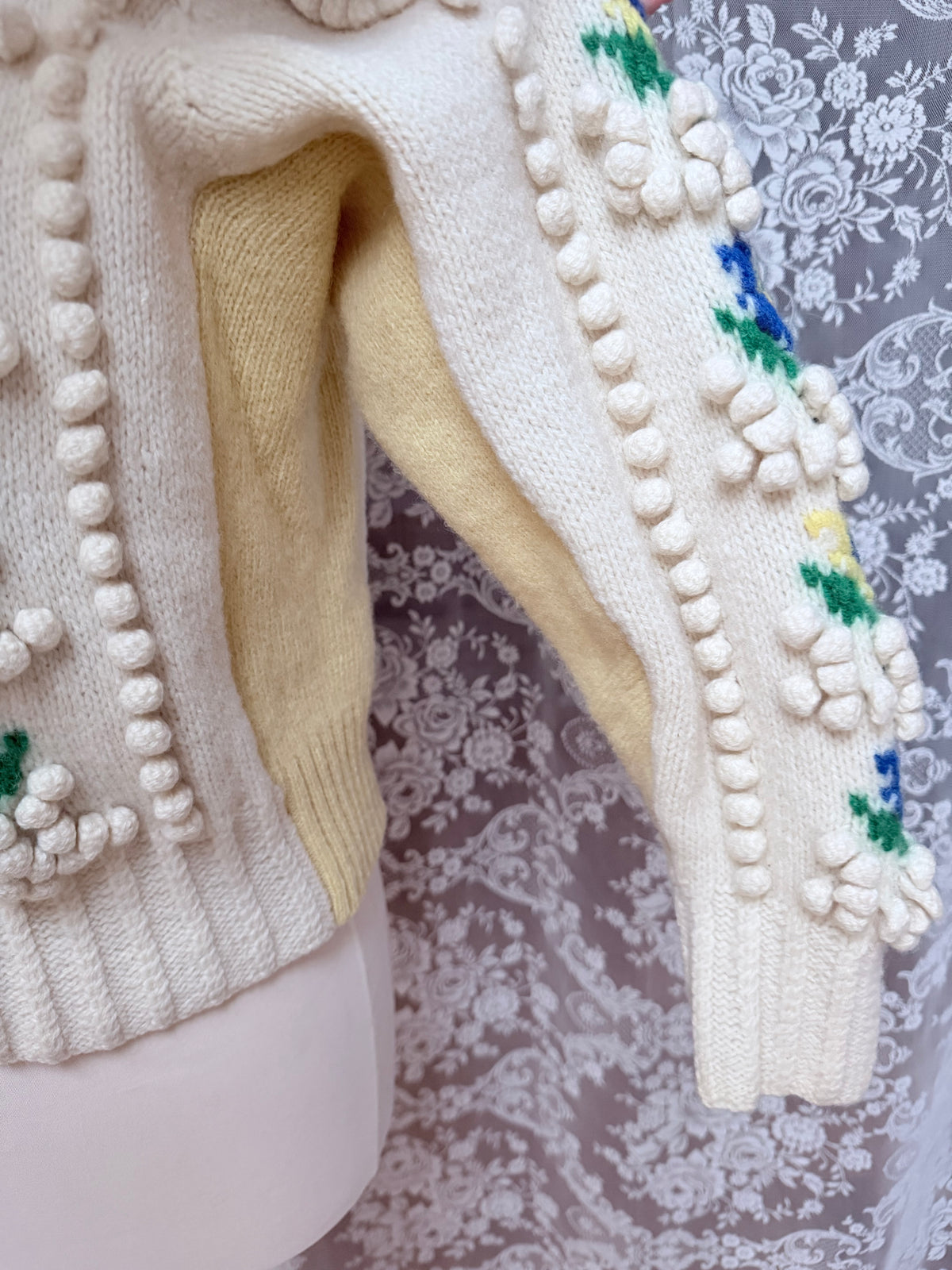 Vintage Austrian Floral Wool Cardigan with Antique Coin Buttons