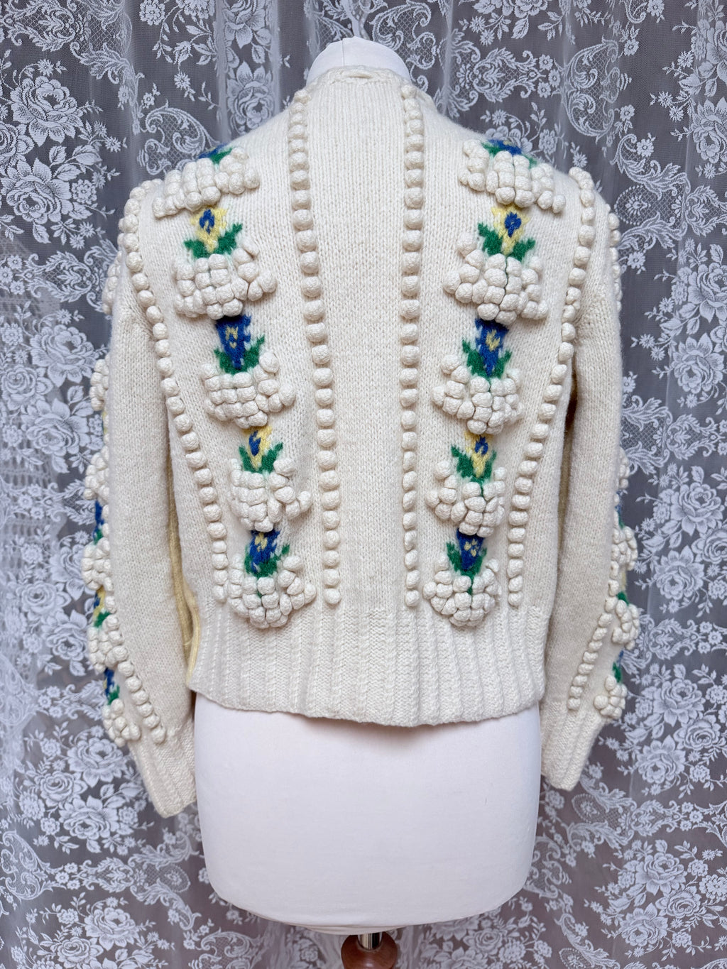 Vintage Austrian Floral Wool Cardigan with Antique Coin Buttons