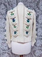Vintage Austrian Floral Wool Cardigan with Antique Coin Buttons