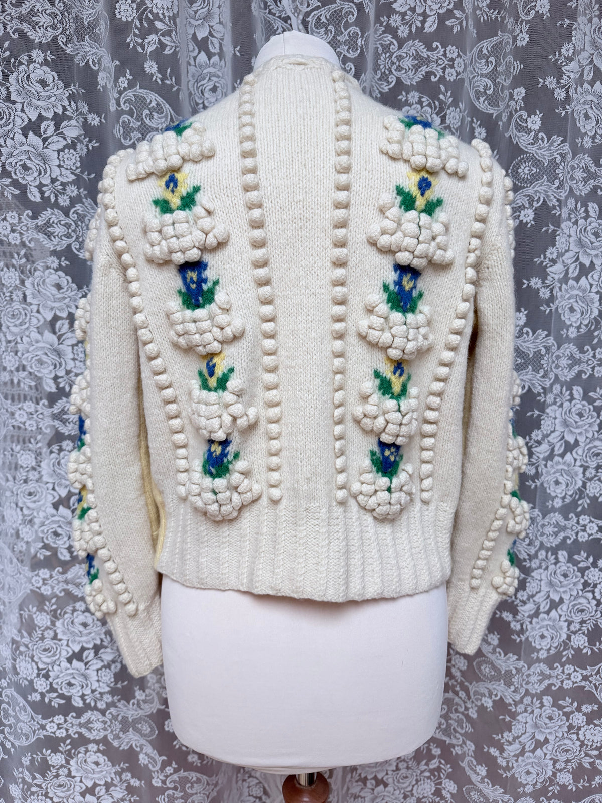 Vintage Austrian Floral Wool Cardigan with Antique Coin Buttons