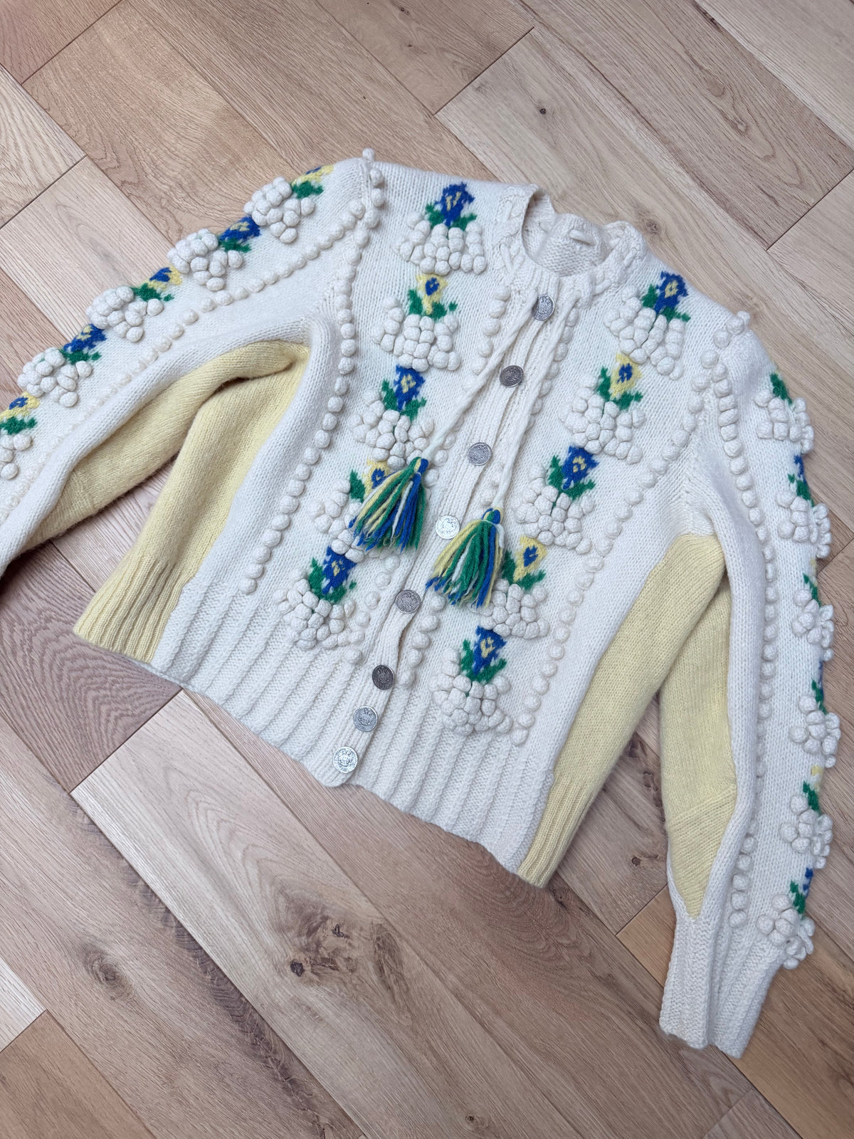 Vintage Austrian Floral Wool Cardigan with Antique Coin Buttons