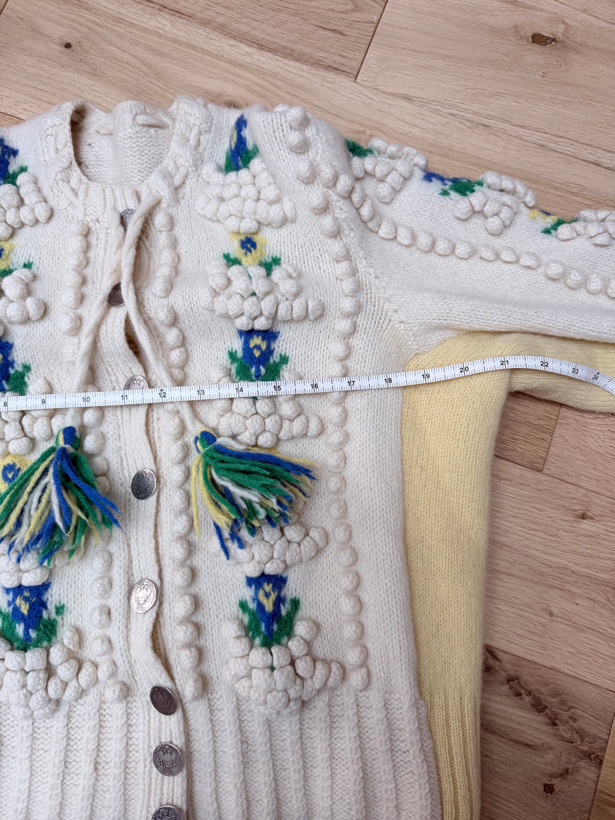 Vintage Austrian Floral Wool Cardigan with Antique Coin Buttons
