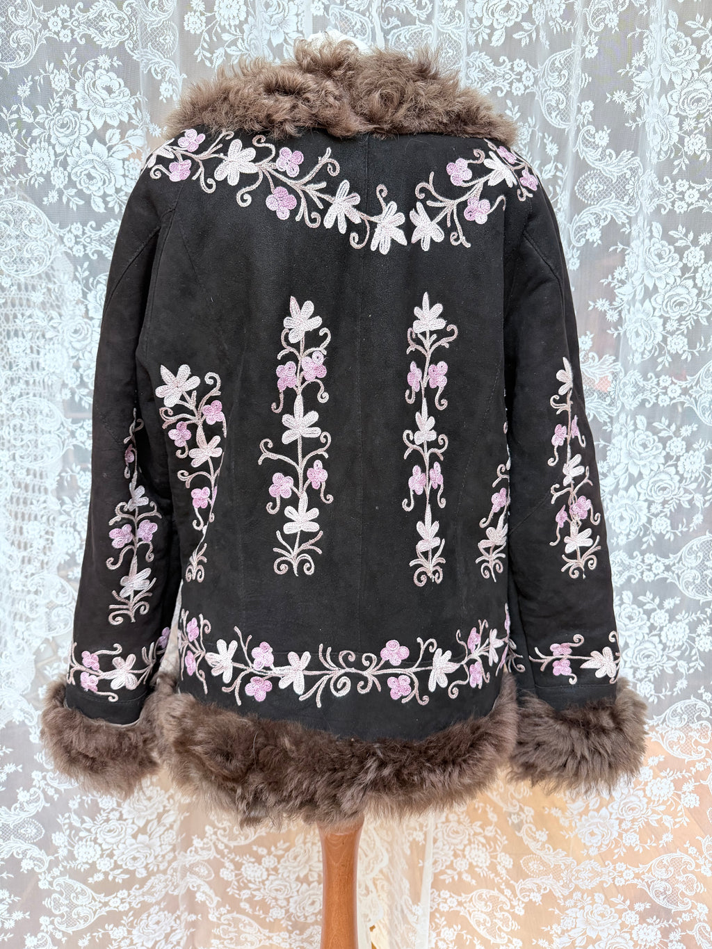 Vintage 1970s Suede Floral Embroidered Afghan Coat