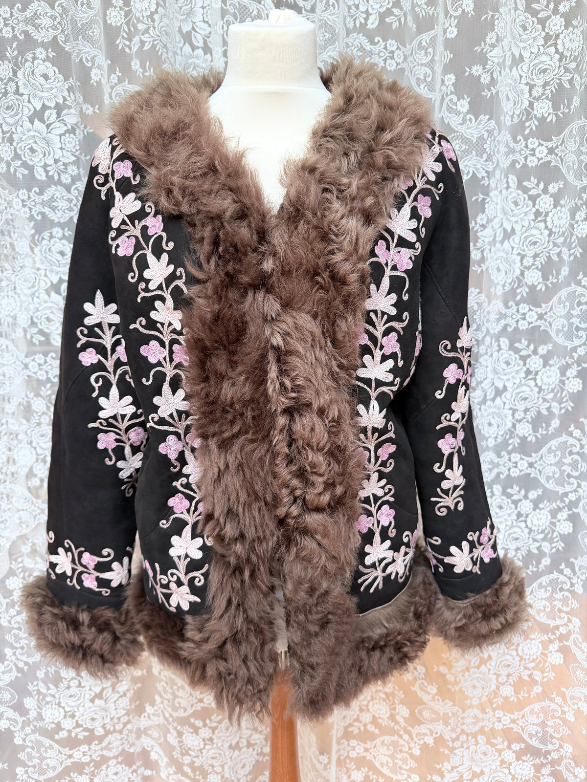 Vintage 1970s Suede Floral Embroidered Afghan Coat