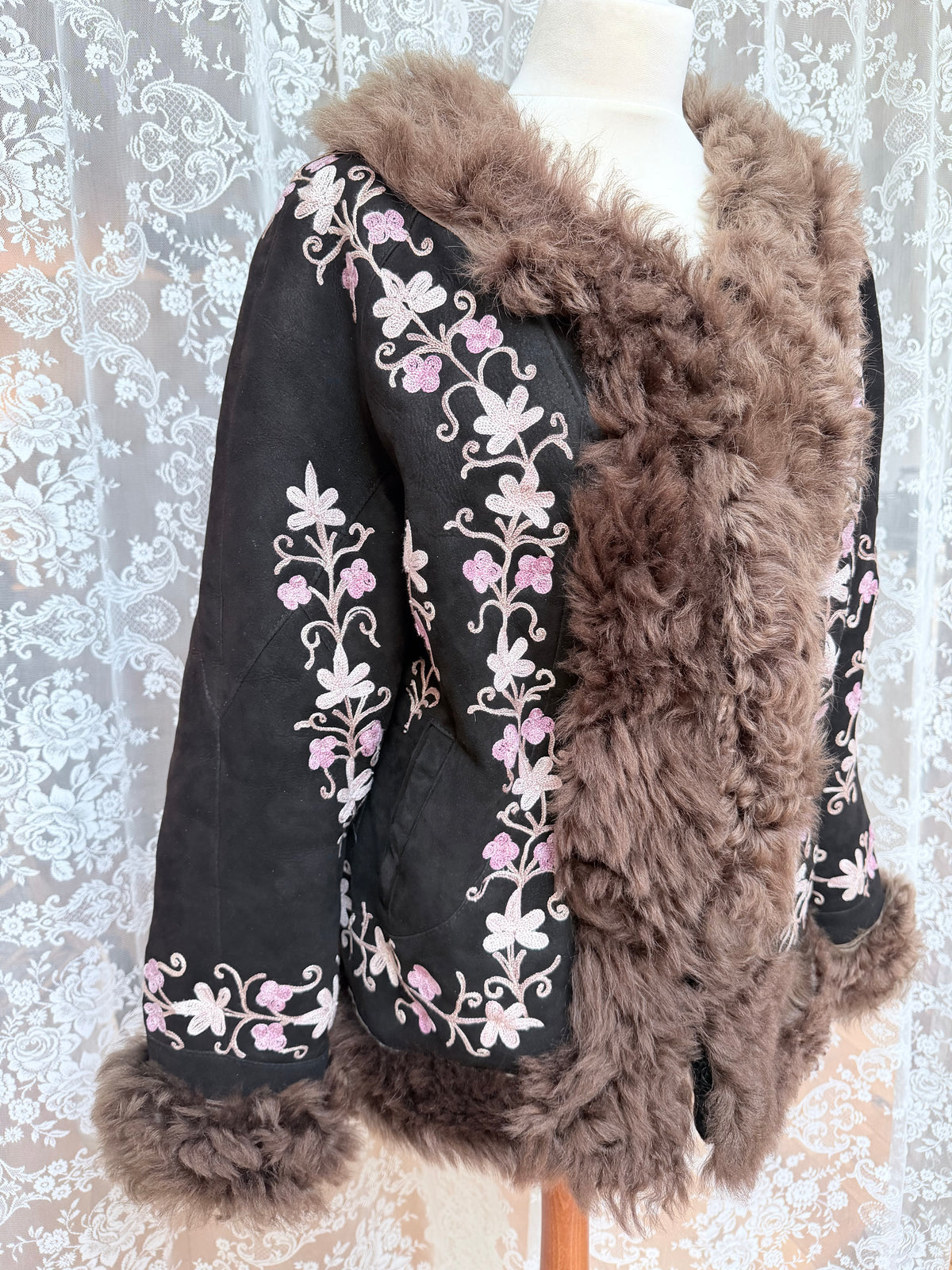 Vintage 1970s Suede Floral Embroidered Afghan Coat