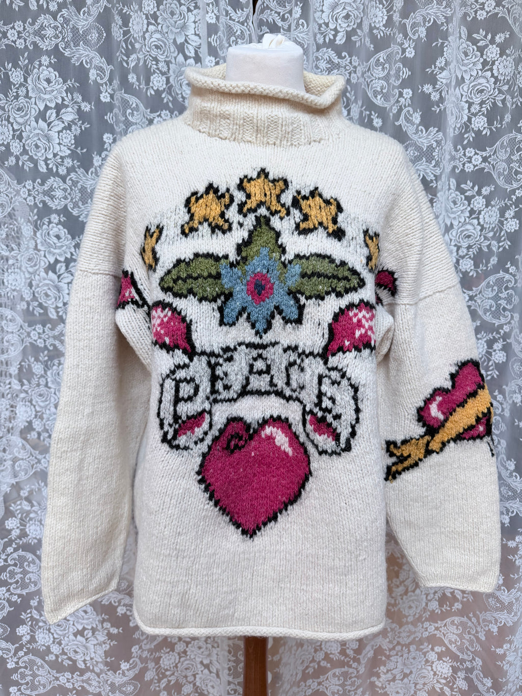 The Isabella: Vintage Amano 1990s Cream Wool Peace Jumper