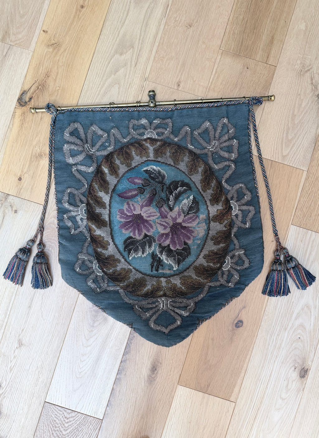 Rare Antique Victorian Edwardian Beadwork Fire Screen Banner with Tassels | c. 1890-1910