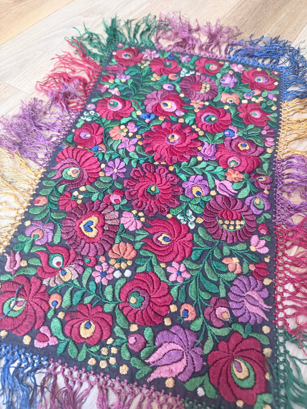 Antique Hungarian Matyó Hand Embroidered Floral Table Runner | c. 1890–1920