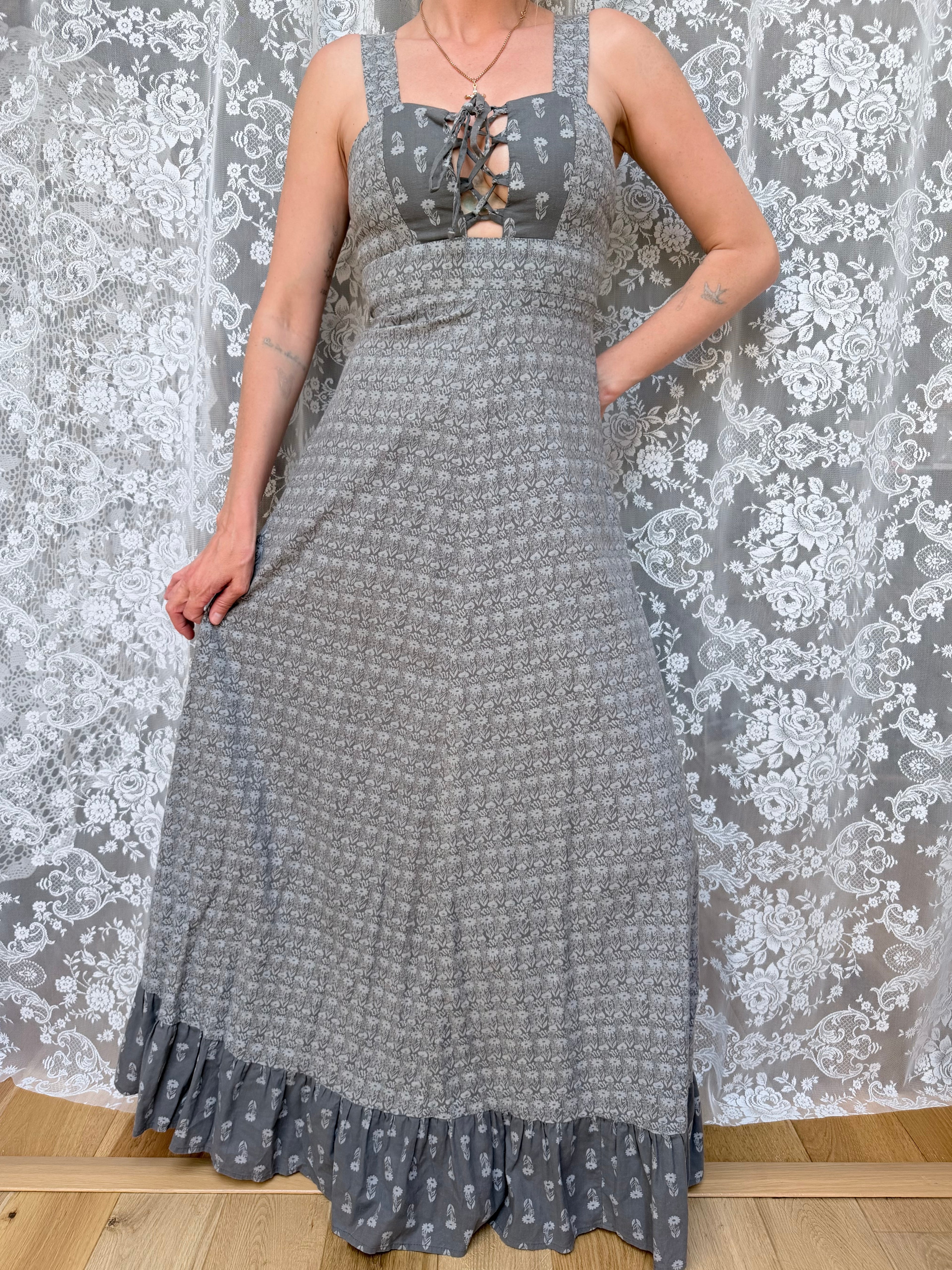 Vintage 1970s Grey Floral Corset Prairie Dress
