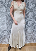 Antique Museum-Archived 1930s Silk Satin Cold-Shoulder Gown